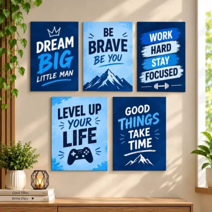 5-Piece Blue Motivational Wall Art Set for Boys